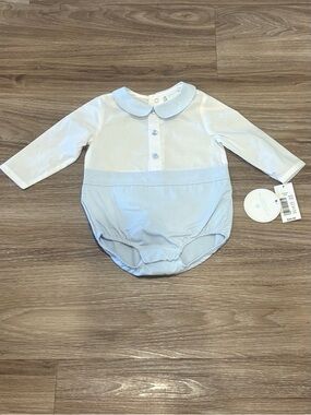 Edgehill Collection Dressy White and Light Blue Baby Romper Size 6 mo.